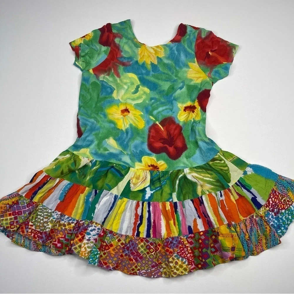 Jams World Dress Royal Hibiscus Rayon Hawaiian Summer Floral Girly Patchwork Med